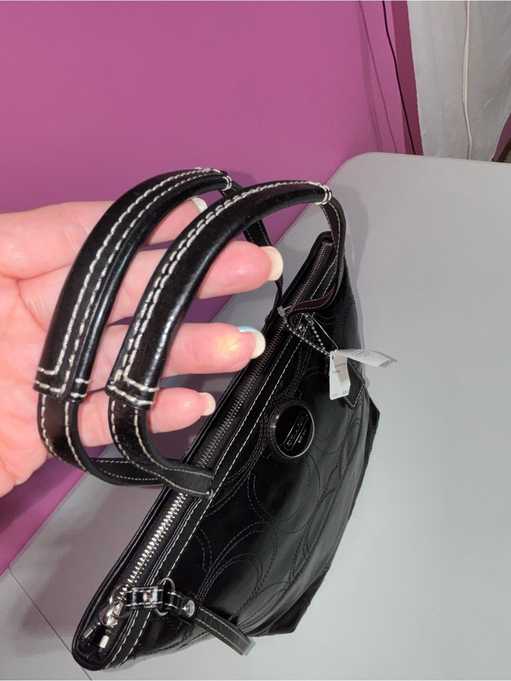 Coach Signature Stitched Patent Tote Black Leather Shoulder Bag NWT MSRP $328 - Picture 9 of 11